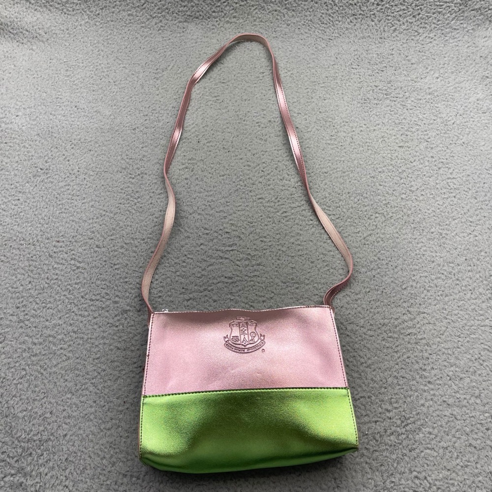 Alpha Kappa Alpha AKA Women Pink Green Embossed Crest Metallic Crossbody Bag